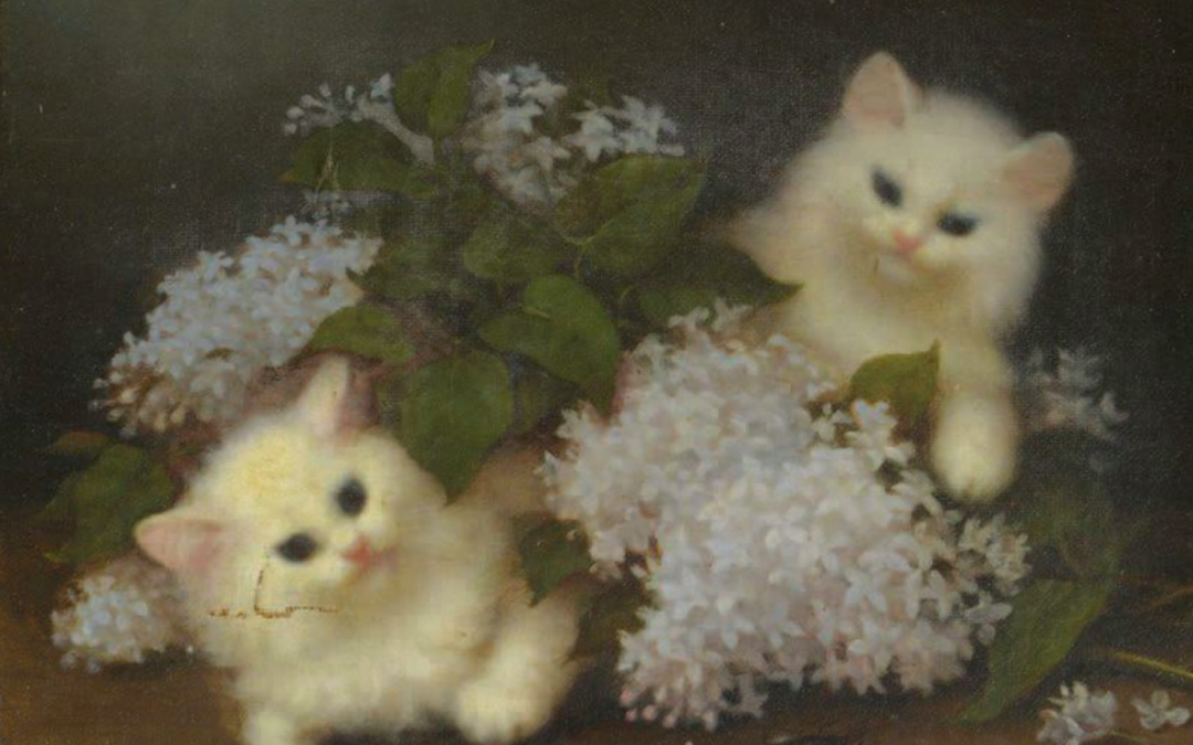 Dos gatitos blancos jugando con un ramo de lilas