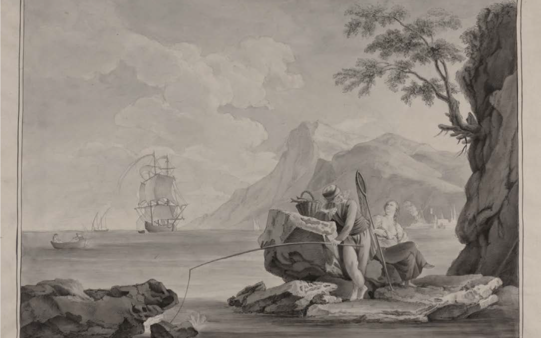 Estudio de paisaje marino con pareja de pescadores