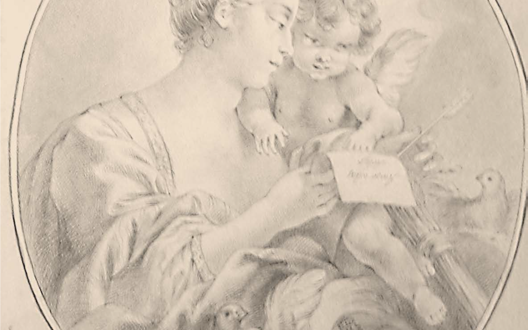 Venus, con un papel con la leyenda «Amor a las Artes» y Cupido